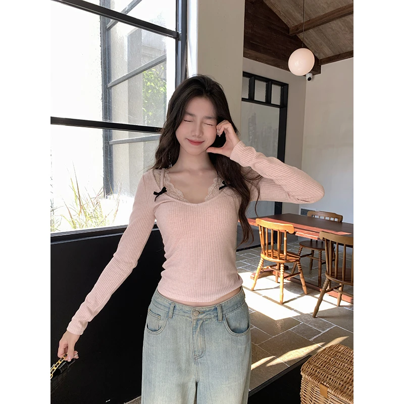 王少女的店【清清】粉色拼接蕾丝V领针织衫百搭显瘦上衣 Z27646S44