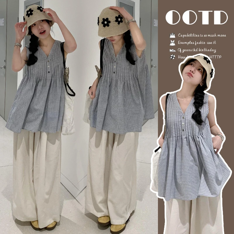 孕妇装夏装套装慵懒风无袖衬衫格子上衣两件套小个子阔腿裤夏季