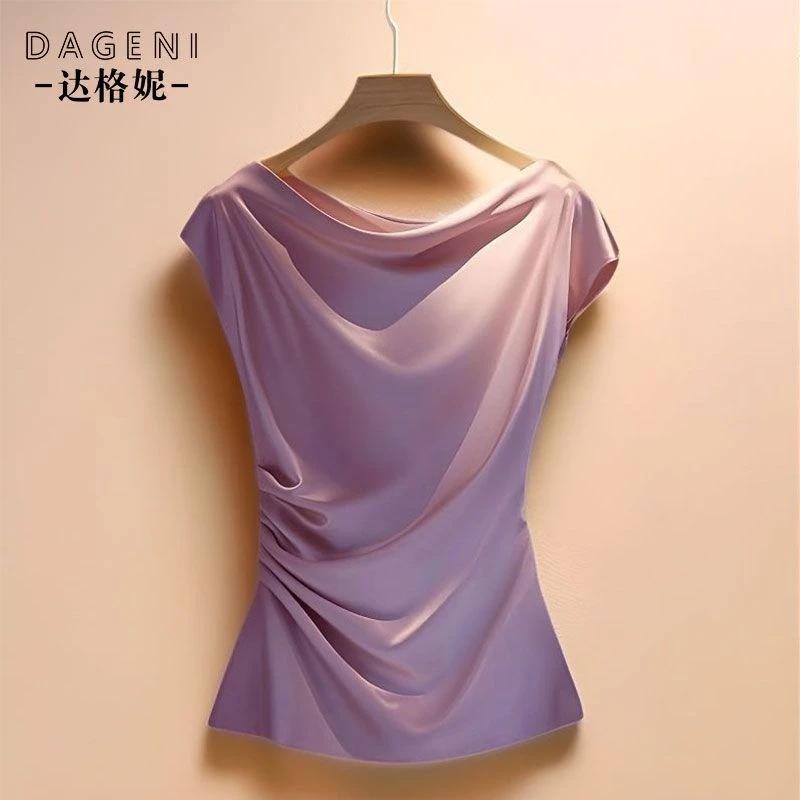 高档醋酸缎面短袖t恤女2025夏季新款堆堆领收腰显瘦上衣垂感小衫