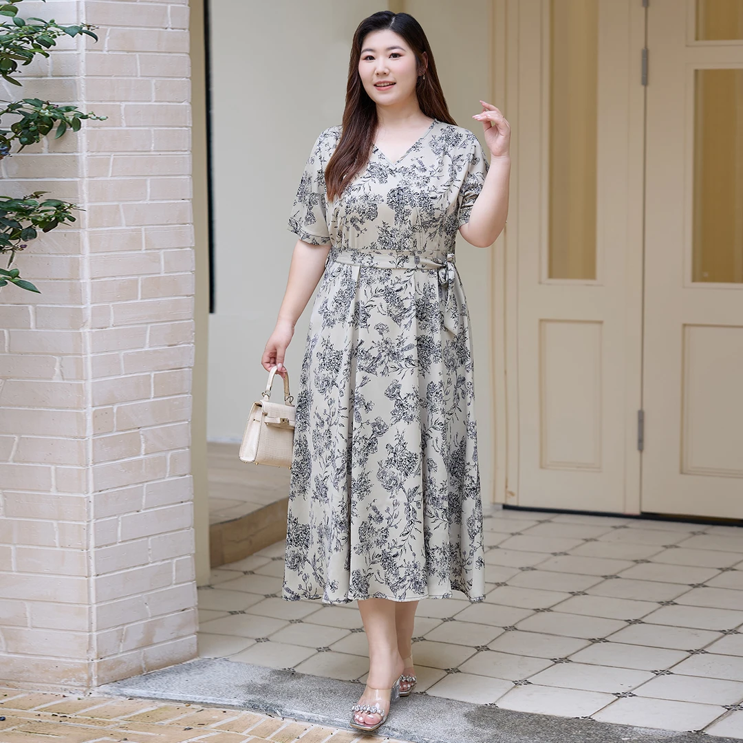 大码胖mm连衣裙系带收腰垂感中长款A字裙2025夏季新款时尚妈妈装