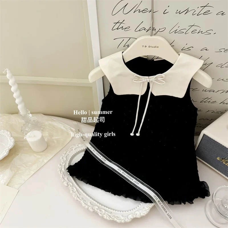 【甜品起司】人生小黑裙！赫本风娃娃领亮片国风女宝宝网纱背心裙
