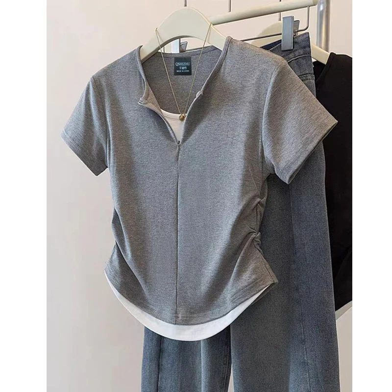 9078#假两件正肩短袖t恤女2025新款夏掐腰设计感洋气独特别致上衣