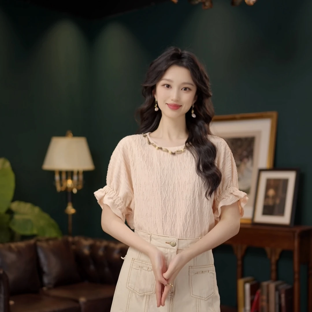 琦琦【烟雨客】温柔衬衣休闲百搭短袖衬衫女夏季宽松上衣YS1113239