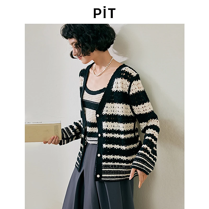 【秒杀价】pit复古条纹2件套针织开衫秋冬女2024秋装新款慵懒上衣