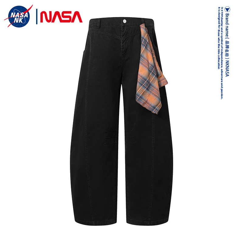 NASA联名美式方巾黑色弯刀牛仔裤男款秋冬季潮牌设计感阔腿休闲裤