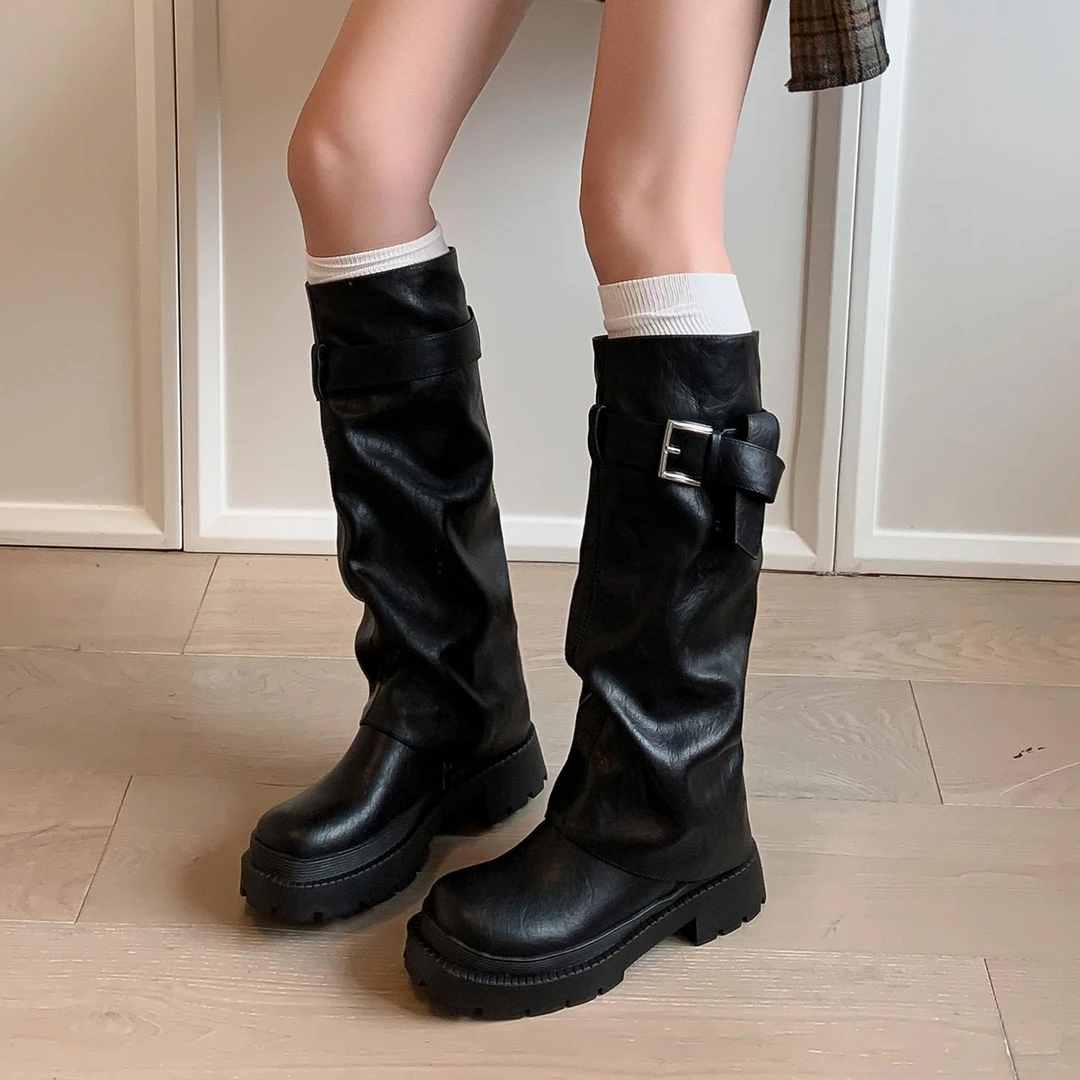 5.5cm真皮厚底皮带扣裤管靴女2025新款长筒骑行靴显瘦西部牛仔靴