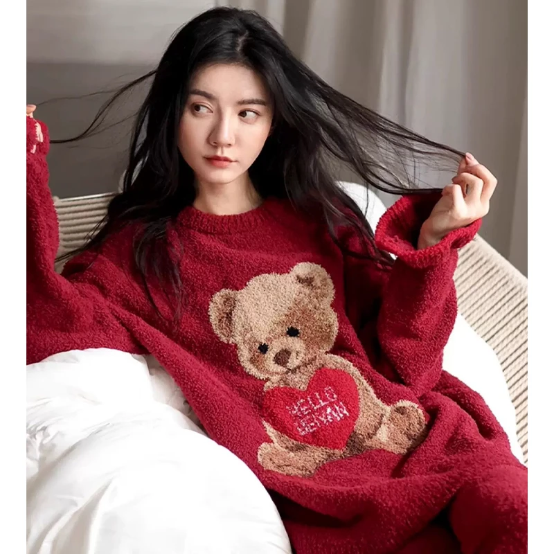 莫里伊【红色爱心小熊】小众时尚设计休闲舒适可外穿保暖睡衣家居服
