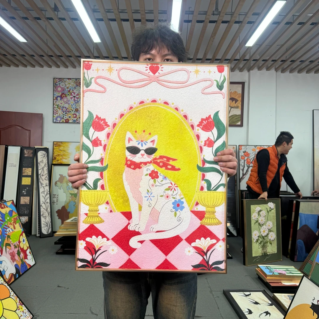 卡通富婆猫咪砂岩高级感客厅沙发背景墙装饰画5070