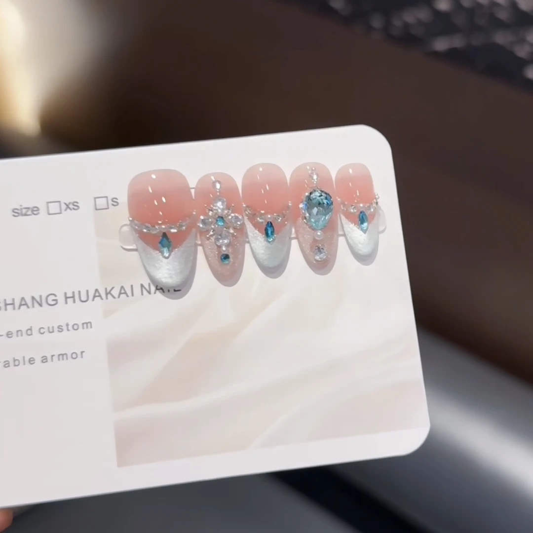 【海蓝宝】锆石堆钻重工凡尔赛气质 8062605 纯手工穿戴甲