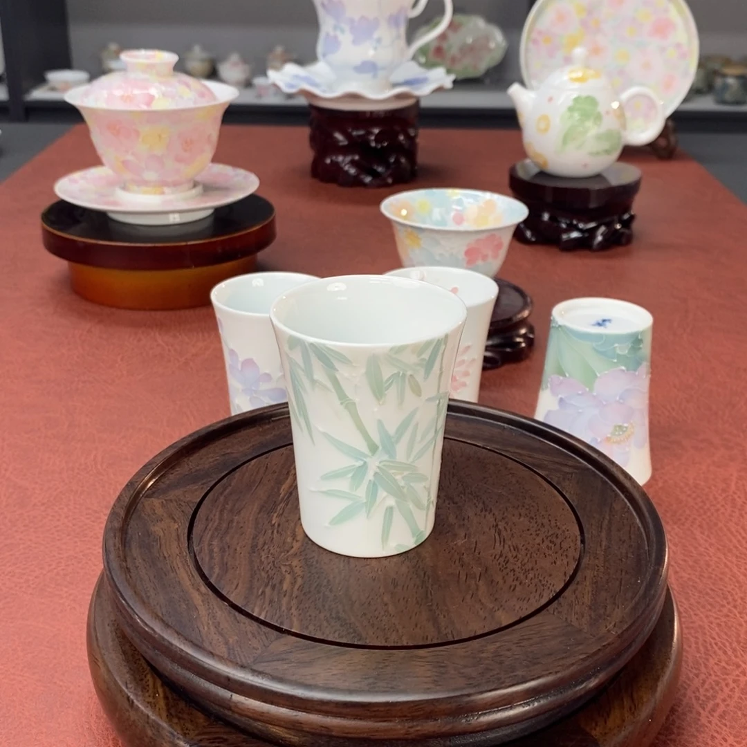 竹子品茗杯手绘釉下高温