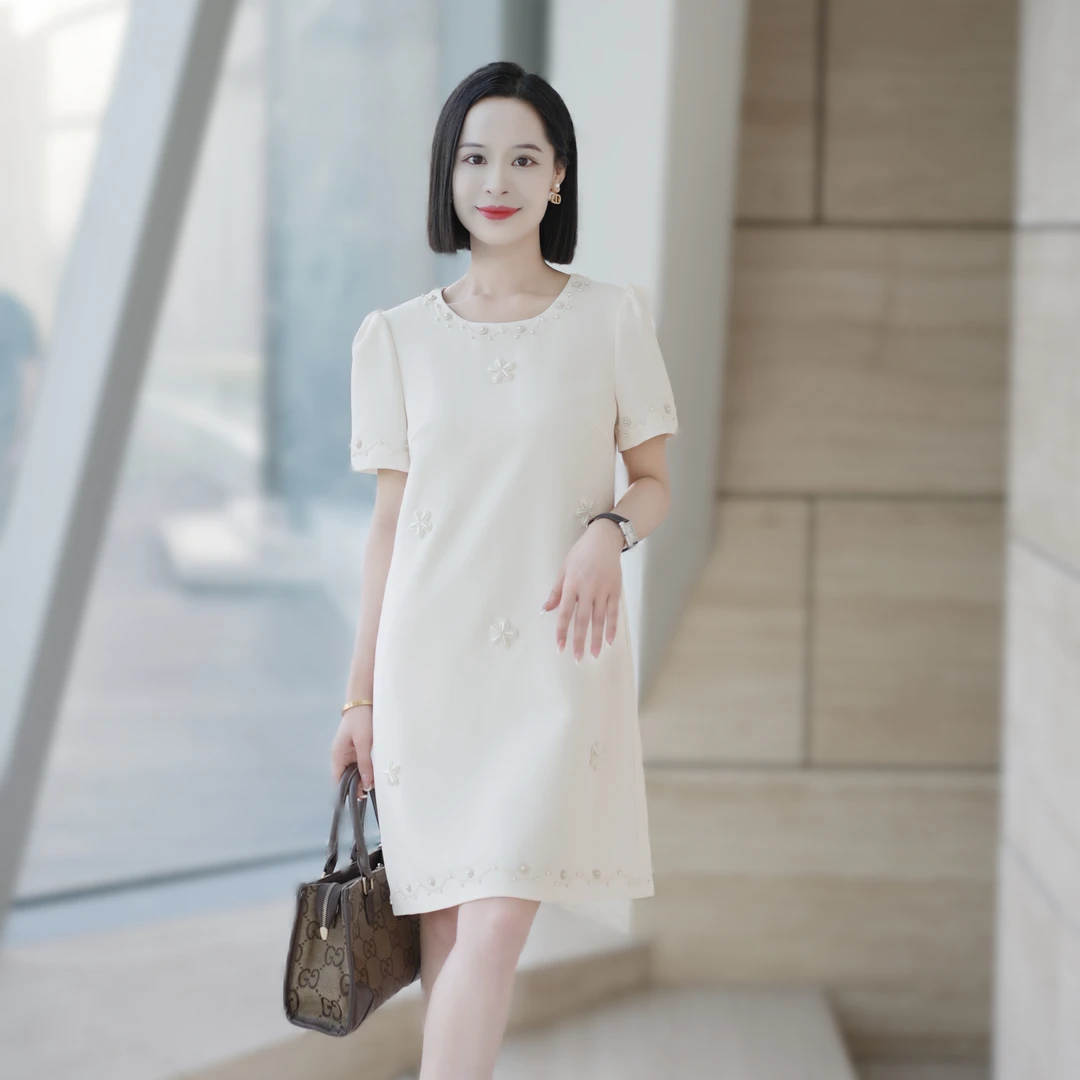 罗美拉 25年夏季高级感钉珠显瘦通勤优雅时尚显瘦连衣裙#951