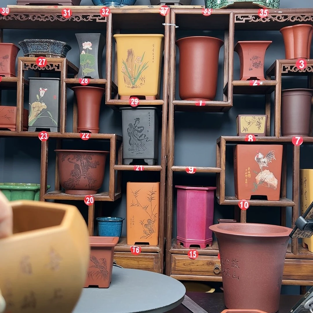 紫砂花盆＆***生刻绘四方