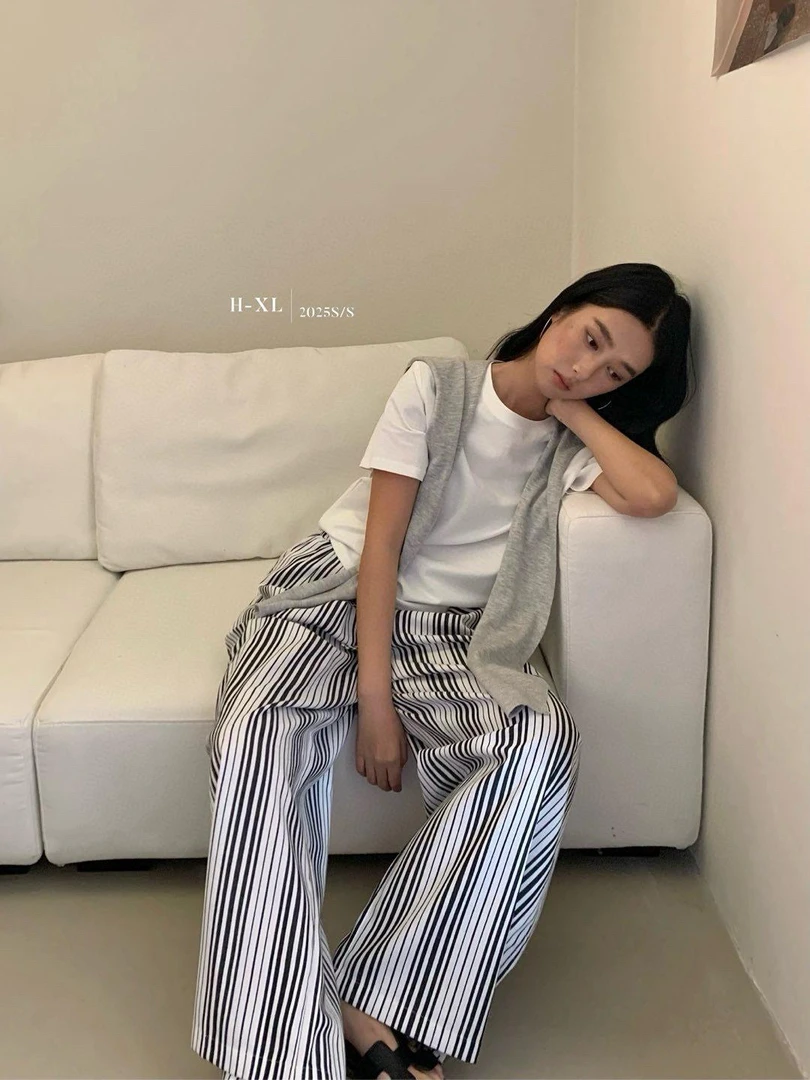 8887 春季新款休闲百搭条纹直筒拖地裤裤长100