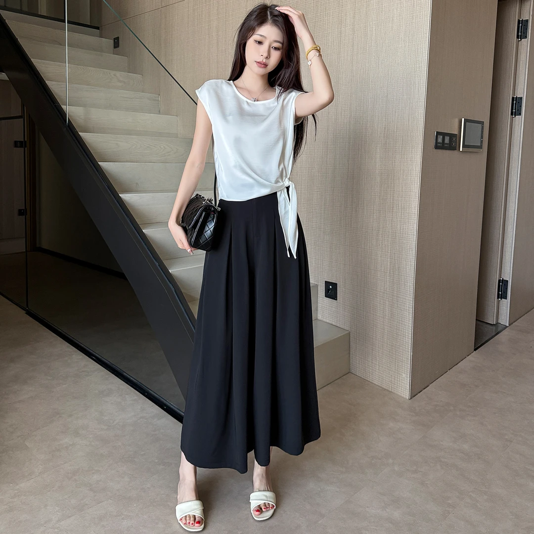 小个子垂感阔腿裤裙薄款2025女夏洋气黑色收腰高腰显高显瘦裤裙