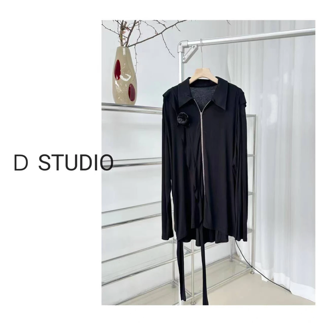 D STUDIO 黑花朵拉链上衣 D2209
