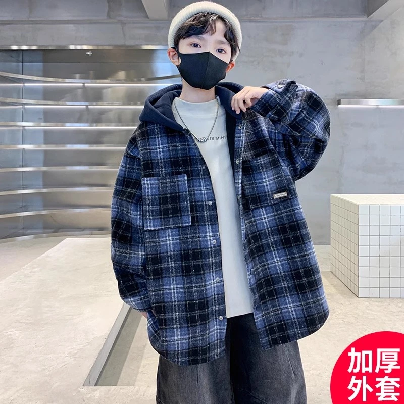 男童加厚外套秋冬款2025新款儿童冬装格子加绒上衣男孩保暖洋气潮