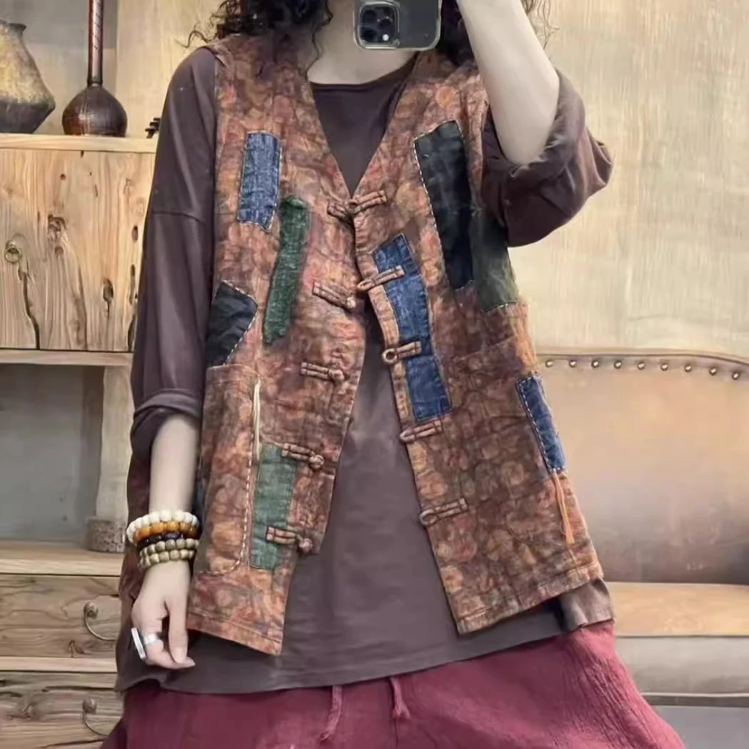 F7207 秋季新品花色贴布盘扣休闲女士马甲 胸围128长63