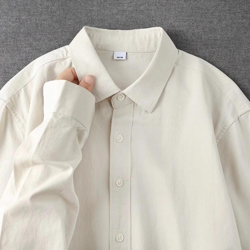 米杏色重磅纯棉长袖衬衫纯色日系复古少年感简约休闲百搭春季外套