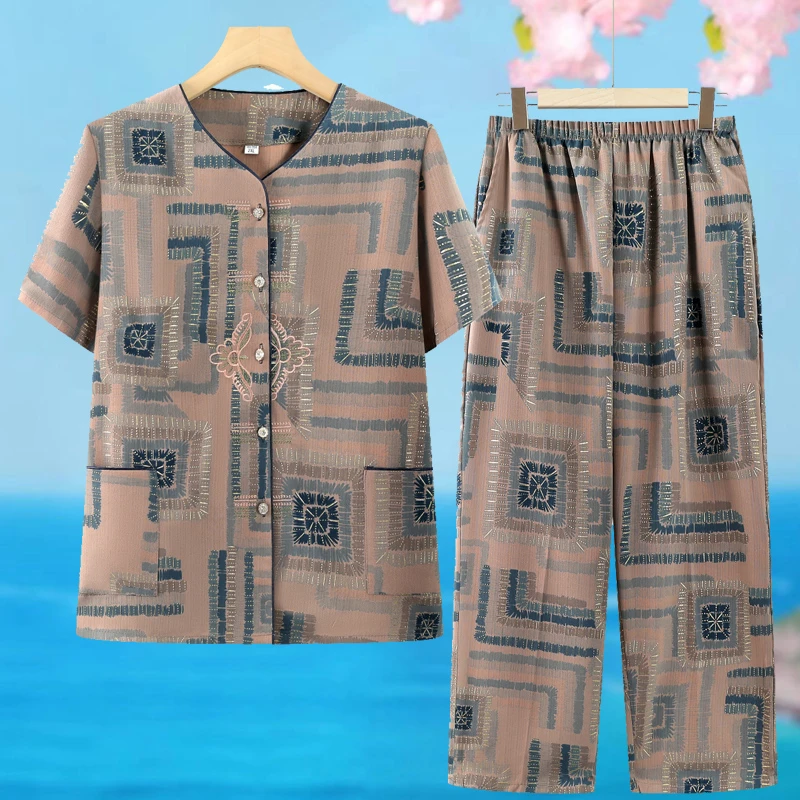 妈妈夏季清凉透气开衫套装60岁中老年人女装奶奶装夏装宽松两件套