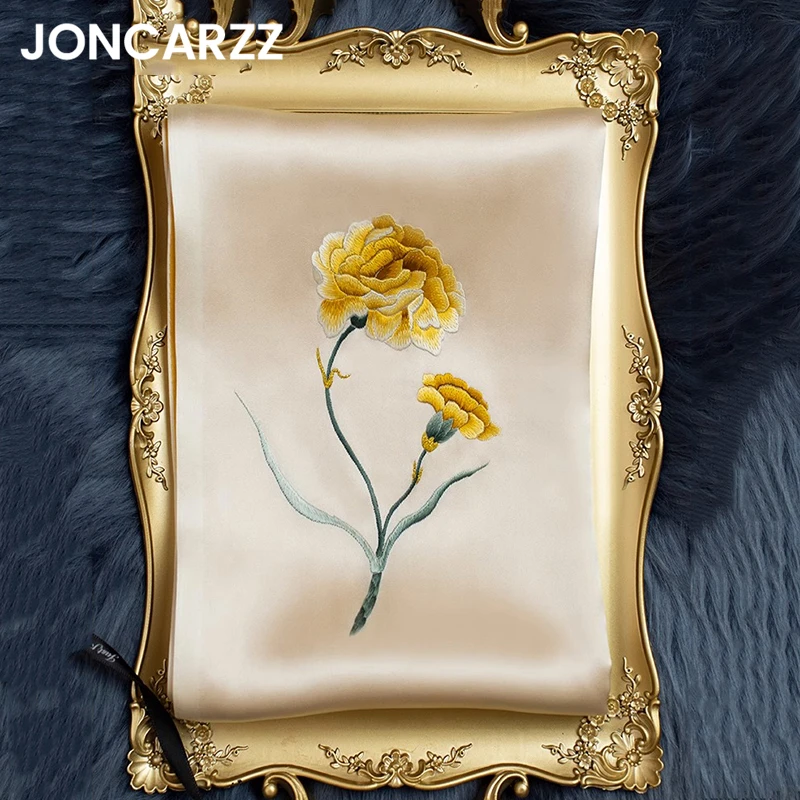 JONCARZZ苏绣丝巾女送妈妈教师康乃馨国风刺绣桑蚕丝真丝围巾