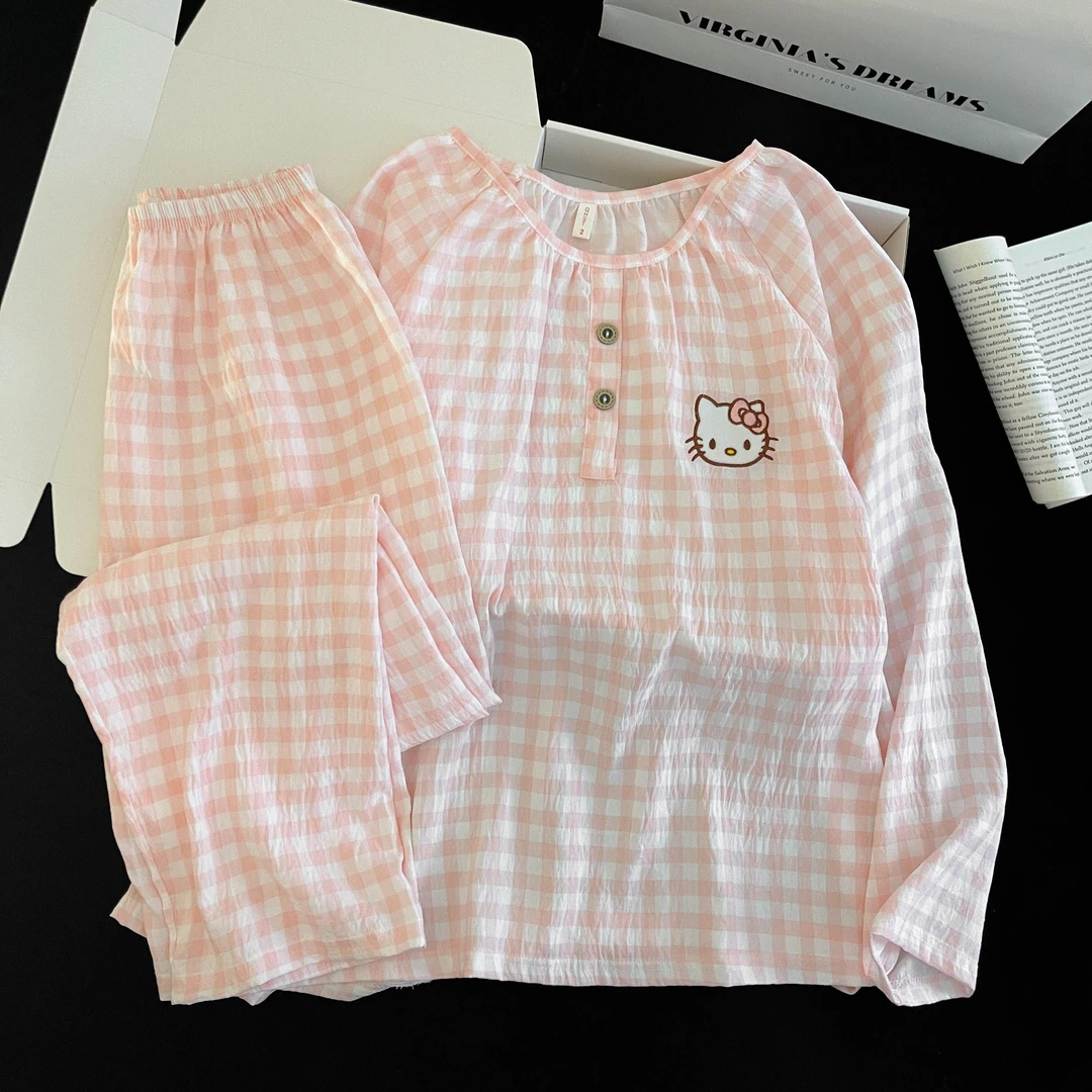 芯语婷春秋季新款格子kitty云朵泡泡纱女睡衣冬季长袖套装可外穿