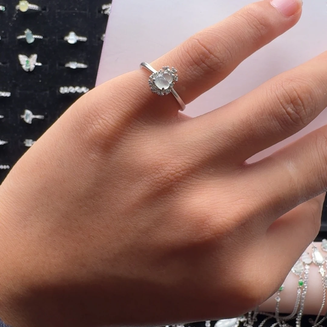 翡翠银S925镶嵌戒指缅甸翡翠A货高冰mini葫芦素戒