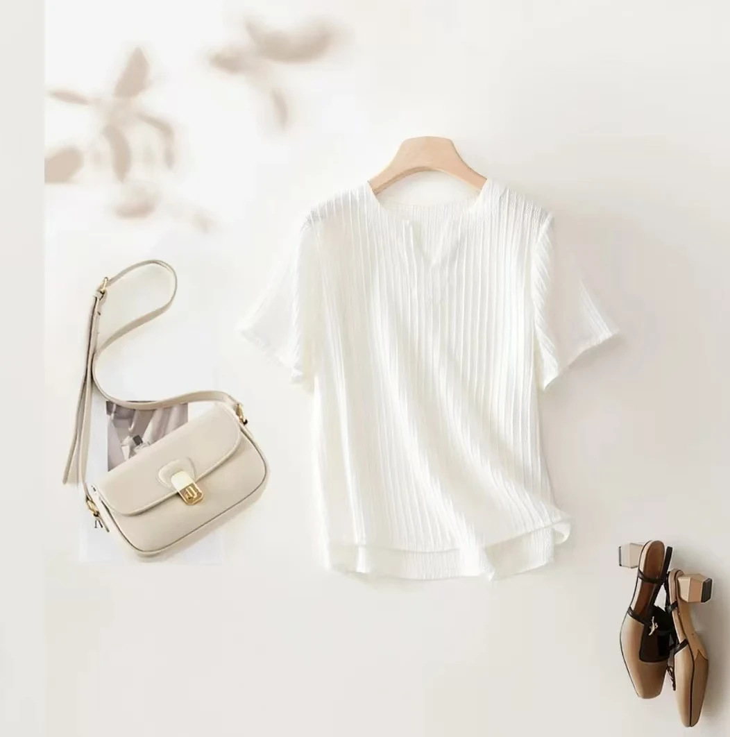 【真丝柔叠绉】夏季桑蚕丝吸汗透气短袖气质文艺剪刀领真丝T