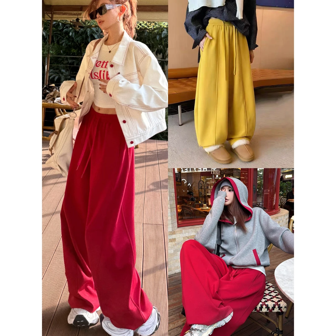 【新年红】高腰抽绳加绒加厚休闲裤女2025冬新款宽松弯刀裤运动卫裤