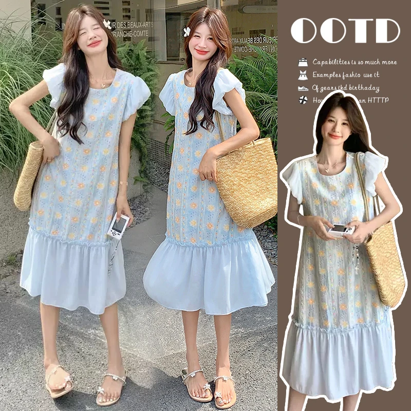 孕妇装减龄韩版气质2025新款潮款刺绣连衣裙碎花镂空泡泡袖长裙女