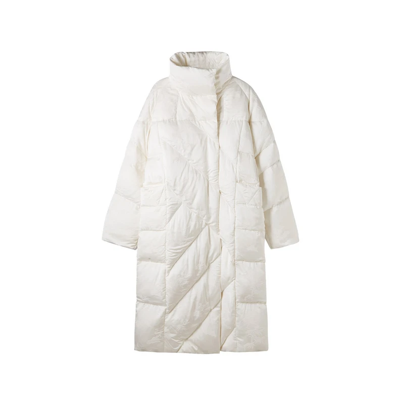 U/TI白色长款连帽新中式刺绣羽绒服过膝保暖简约纯色外套