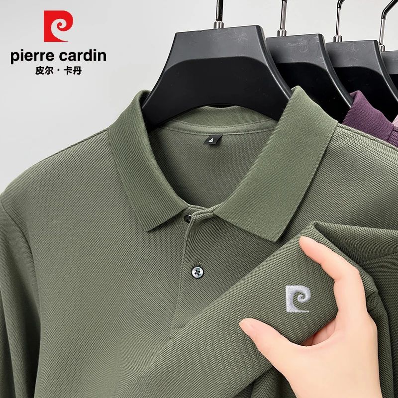 皮尔卡丹100%纯棉长袖polo衫男士春季纯色百搭经典款翻领T恤上衣