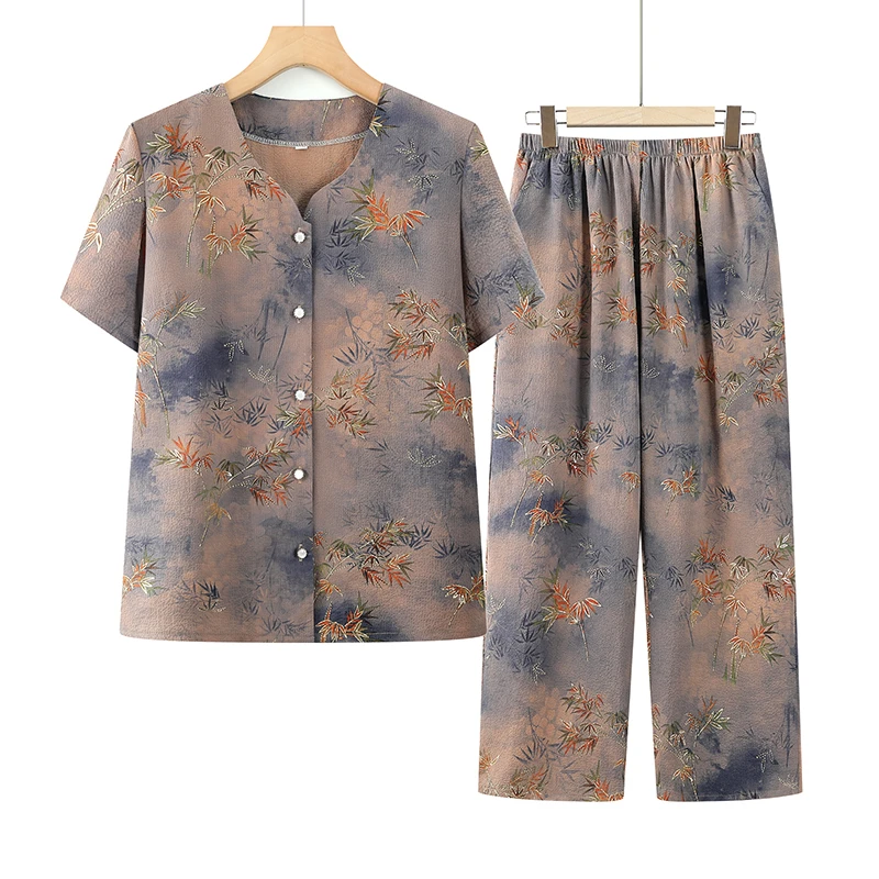 中老年人夏装短袖衬衫女奶奶装衬衣妈妈薄款两件套老太太夏季套装