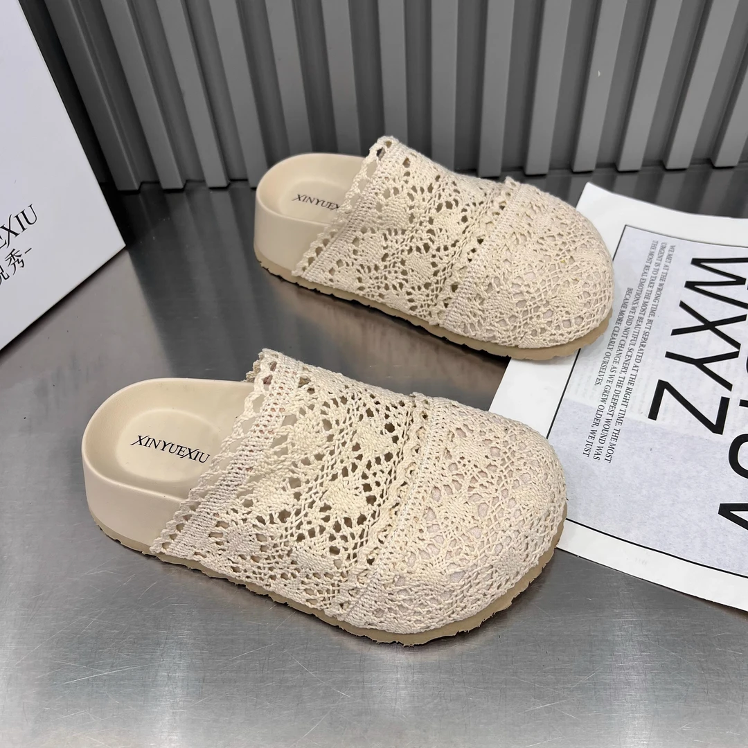 2025夏季新款网鞋洞洞网面布鞋浅口镂空蕾丝女鞋松糕厚底包头拖潮
