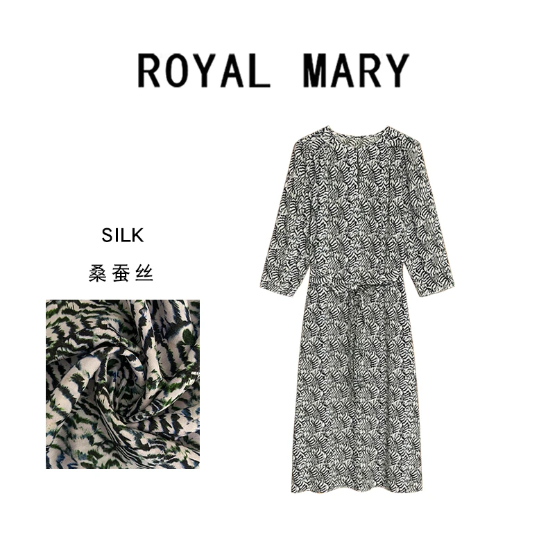 ROYAL MARY法式气质真丝桑蚕丝中袖收腰显瘦碎花连衣裙WJ398-1