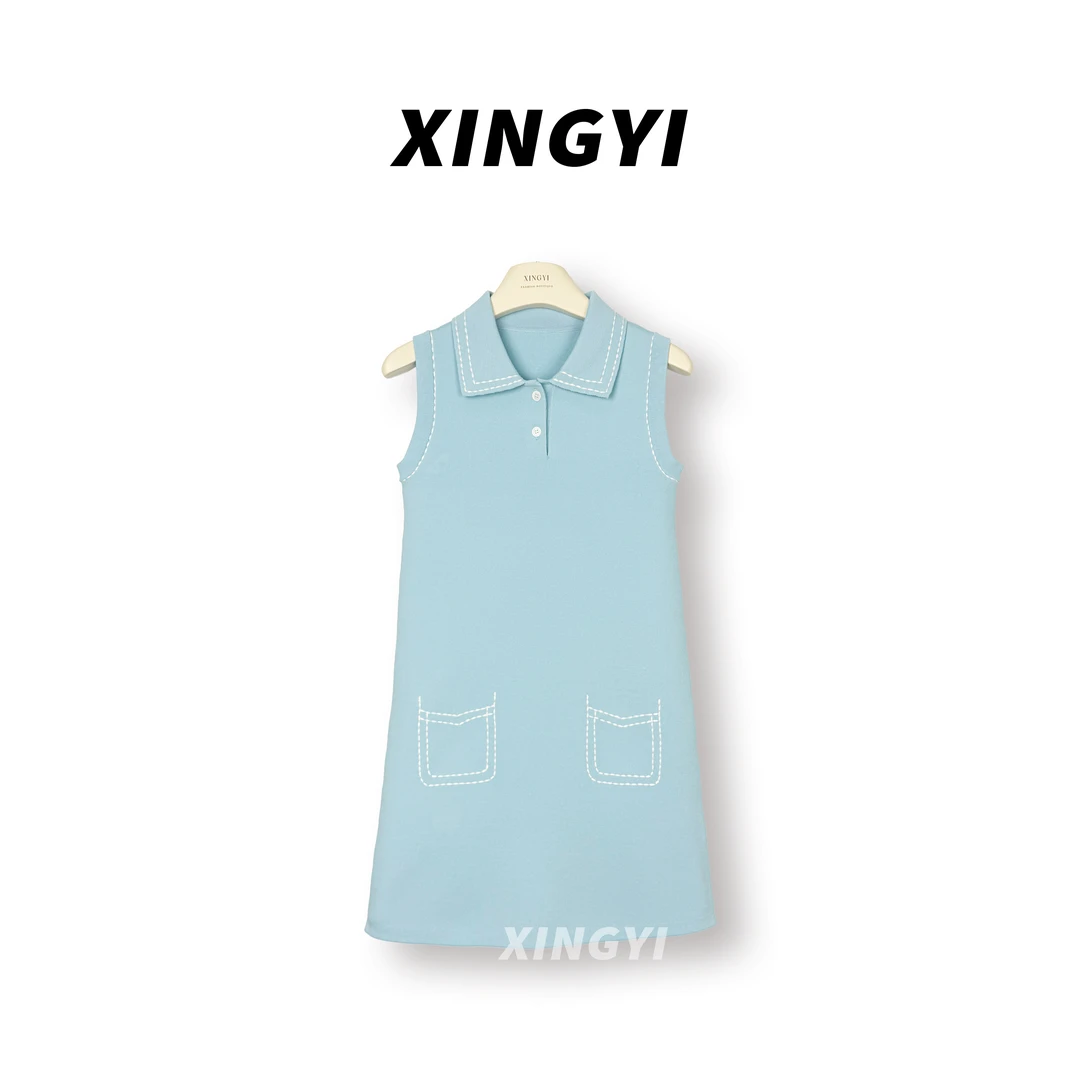 『XINGYI』小众蓝色法式针织无袖POLO连衣裙XY9396