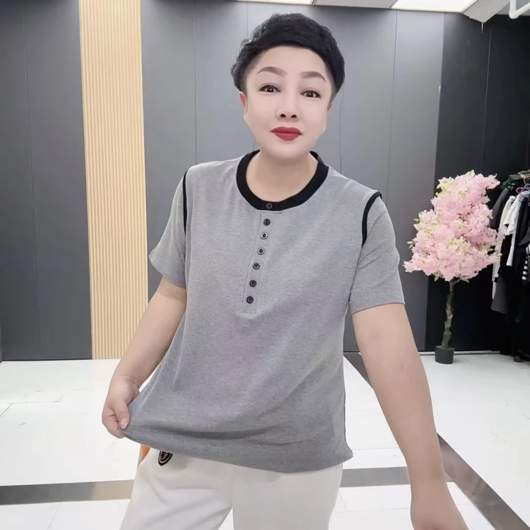 3044#时尚大码纯色休闲常规款圆领T恤半袖女士百搭上衣衫