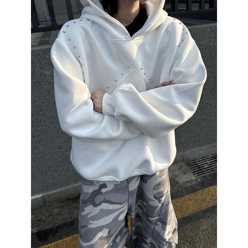 重磅美式铆钉连帽卫衣男2025秋季宽松ins百搭小众设计感套头外套