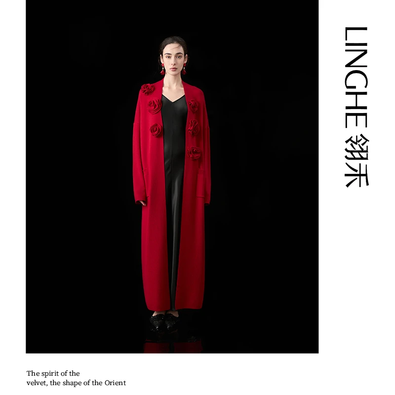 翎禾LINGHE「玫瑰的故事 」-立体花朵开衫外套100绵羊毛