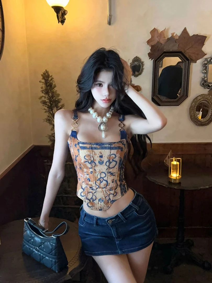 Z23053新款美式复古辣妹蛇纹印花鱼骨上衣夏藏蓝色牛仔短裤套装女