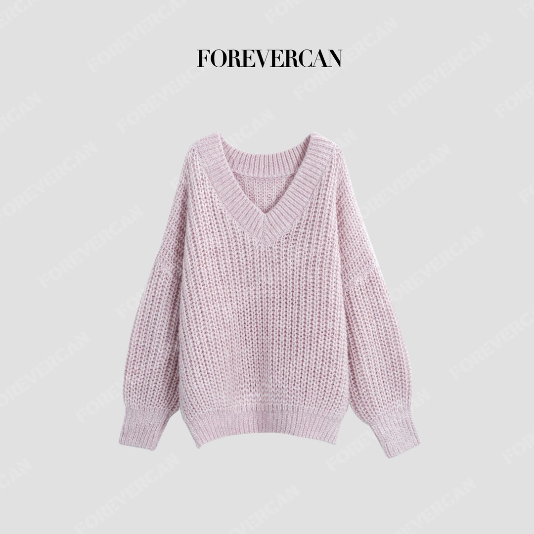 FOREVERCAN“圣海伦斯”V领茧型粗棒针廓形针织毛衣 MY4278B