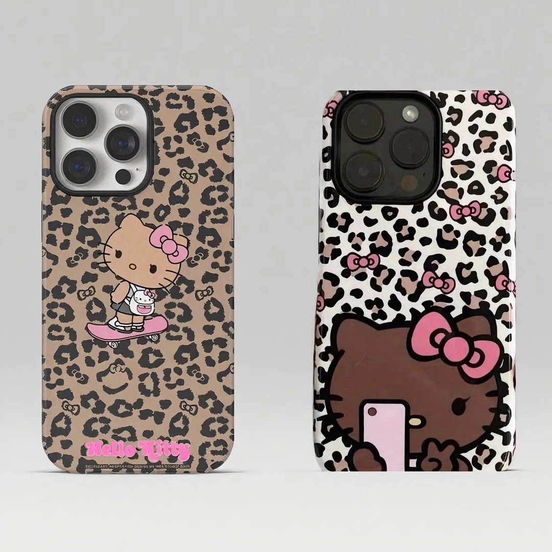 黑皮豹纹KT猫适用苹果16/15PRO菲林二合一手机壳华为vivo小米oppo