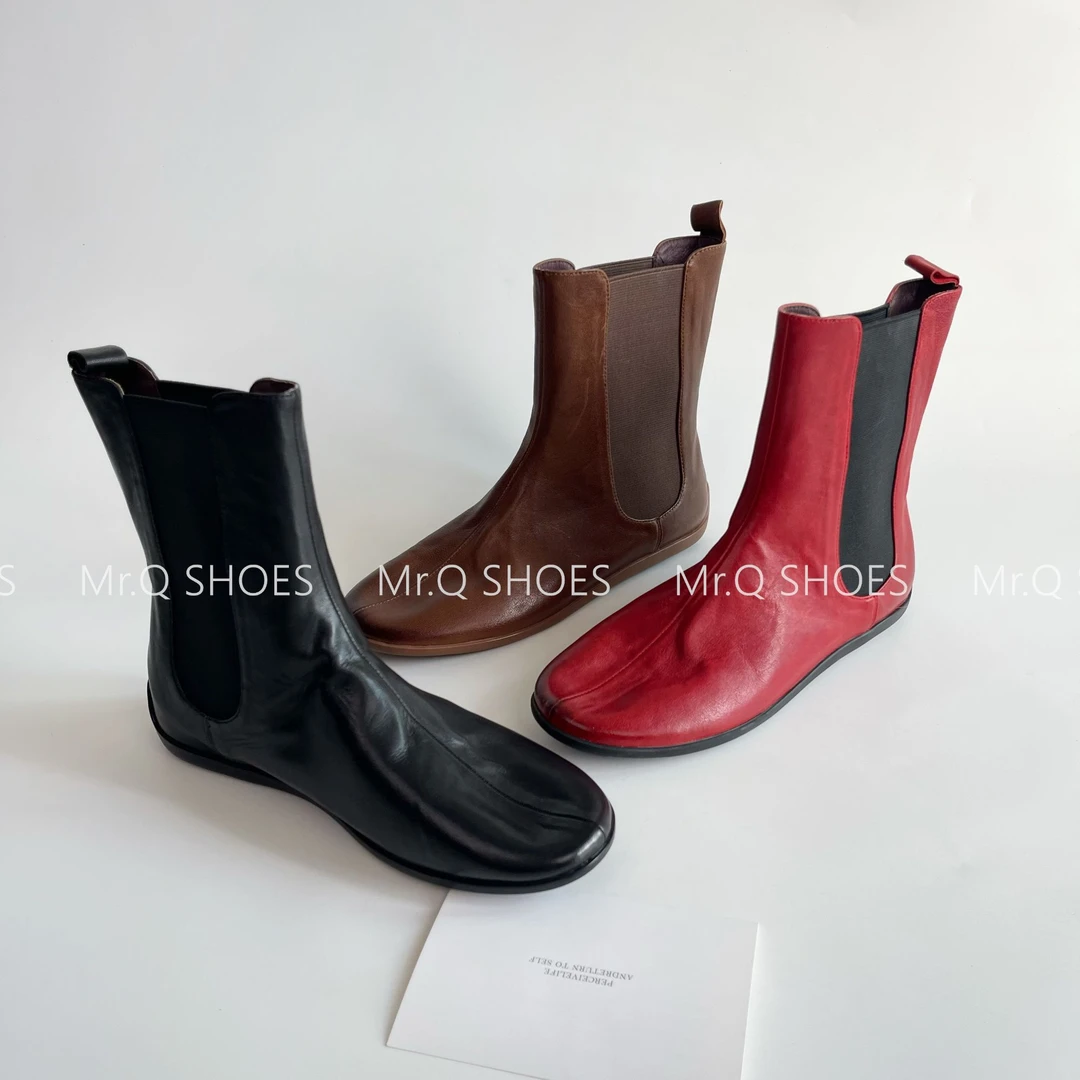 34-4码/跟高2cm/黑棕红/简约复古设计感显瘦平底切尔西靴