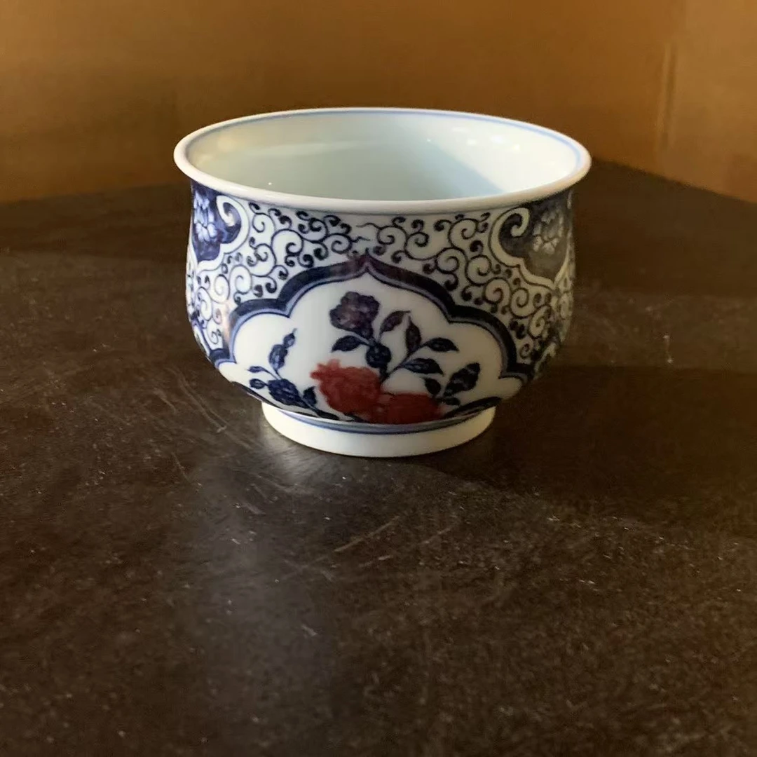 阿茶青花釉里红锦地开窗三多炉式杯(阳春0127）