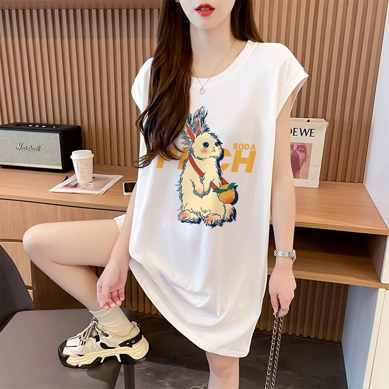 夏季无袖背心T恤裙女新款宽松慵懒风显瘦设计感卡通纯棉连衣裙子