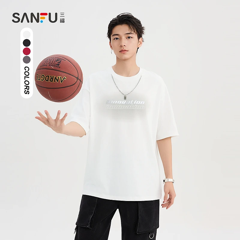 三福2025夏季男士项链喷色图案短T恤 时尚圆领宽松上衣499337