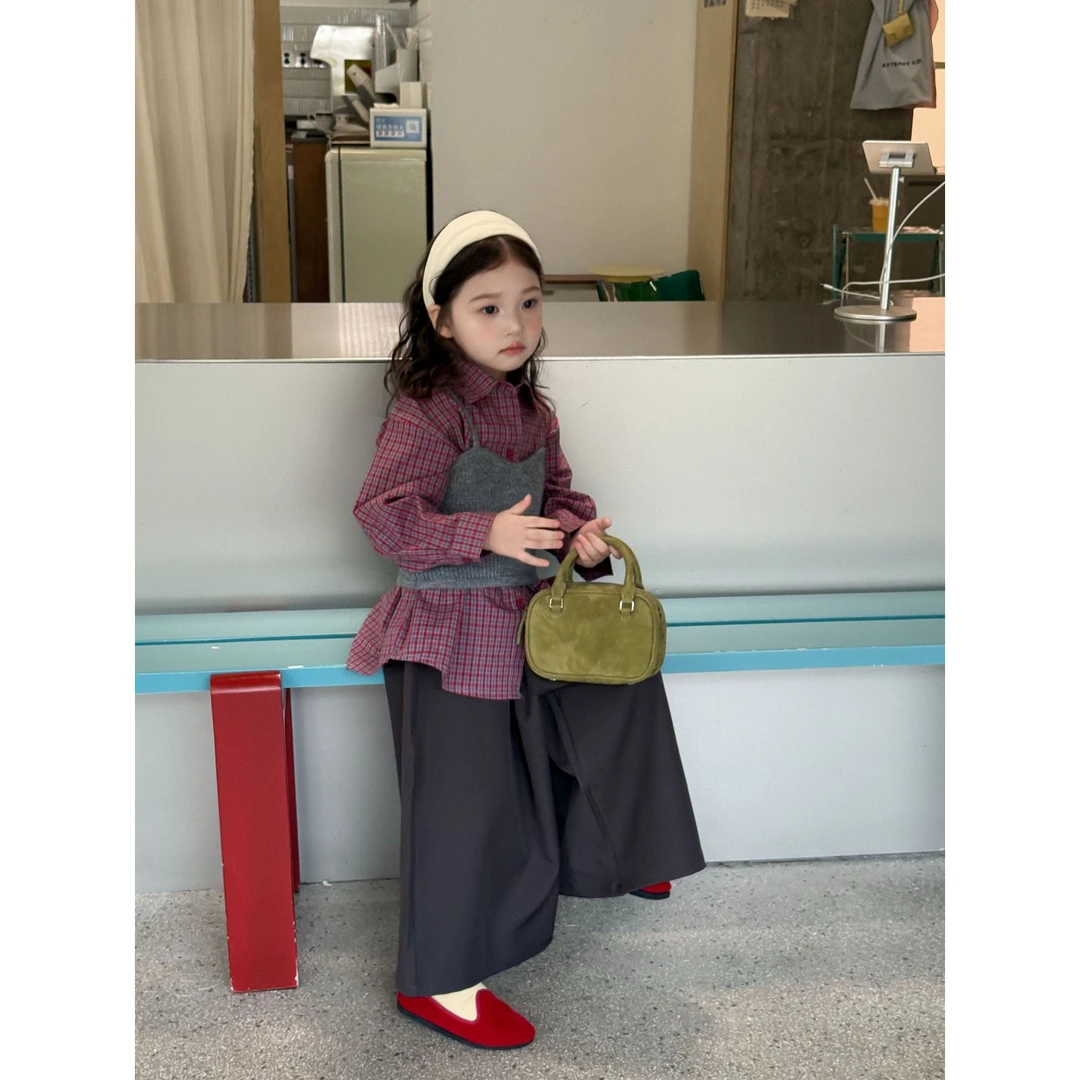 Bmy2025at 女童秋季新款韩版宽松衬衫毛线吊带洋气西装裤套装