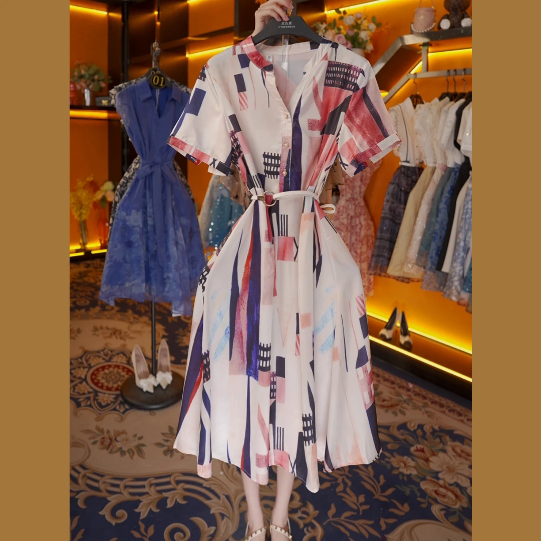 V2025连衣裙女气质短袖时尚红色印花女裙轻奢显瘦中长裙子QG126