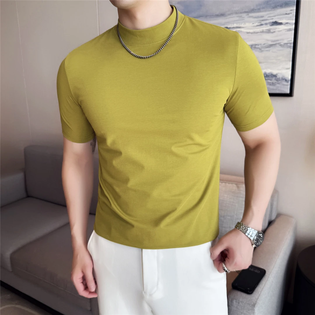 2025新款男士短袖t恤潮流半高领打底衫韩版修身秋季中领薄款内搭