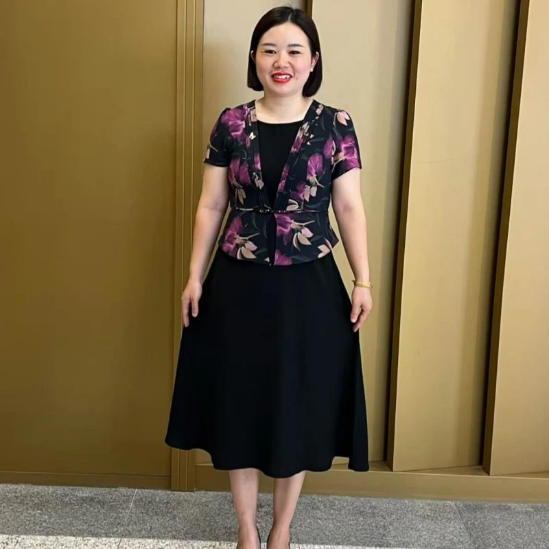 夏季新款印花假两件连衣裙时尚洋气显瘦中长款裙子