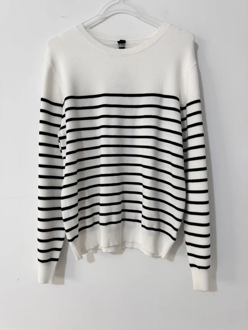 磨毛时尚条纹常规款圆领百搭长袖针织衫6059